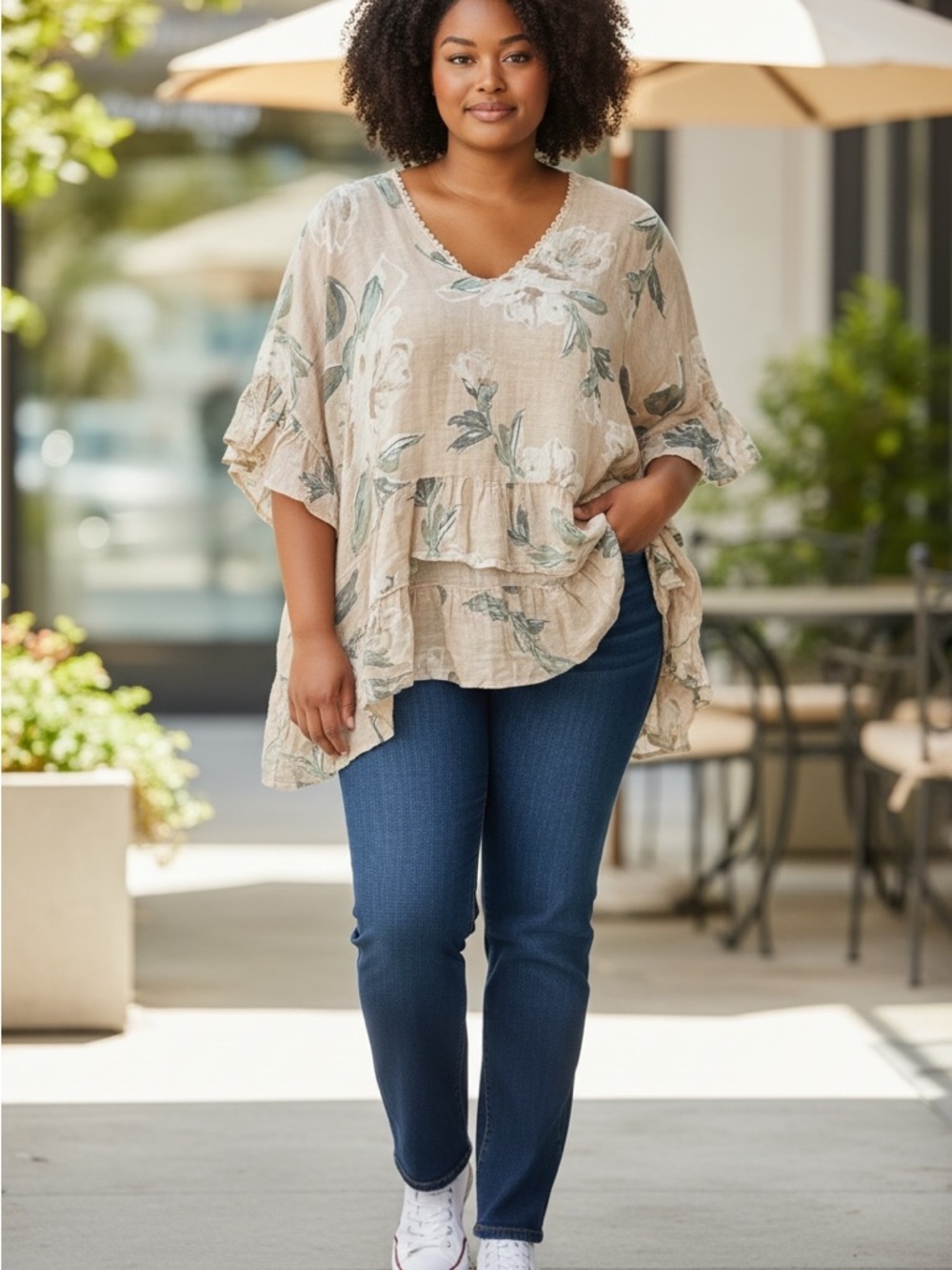 Relaxed Floral V-Neck Ruffle Blouse in Beige 2X Linen Summer Vacation Breezy